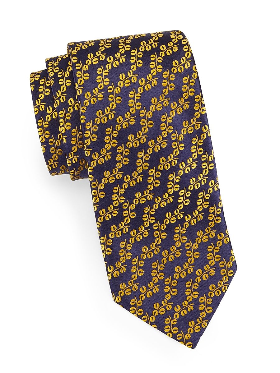Men's Coffee Vine Silk Jacquard Tie - Navy Yellow