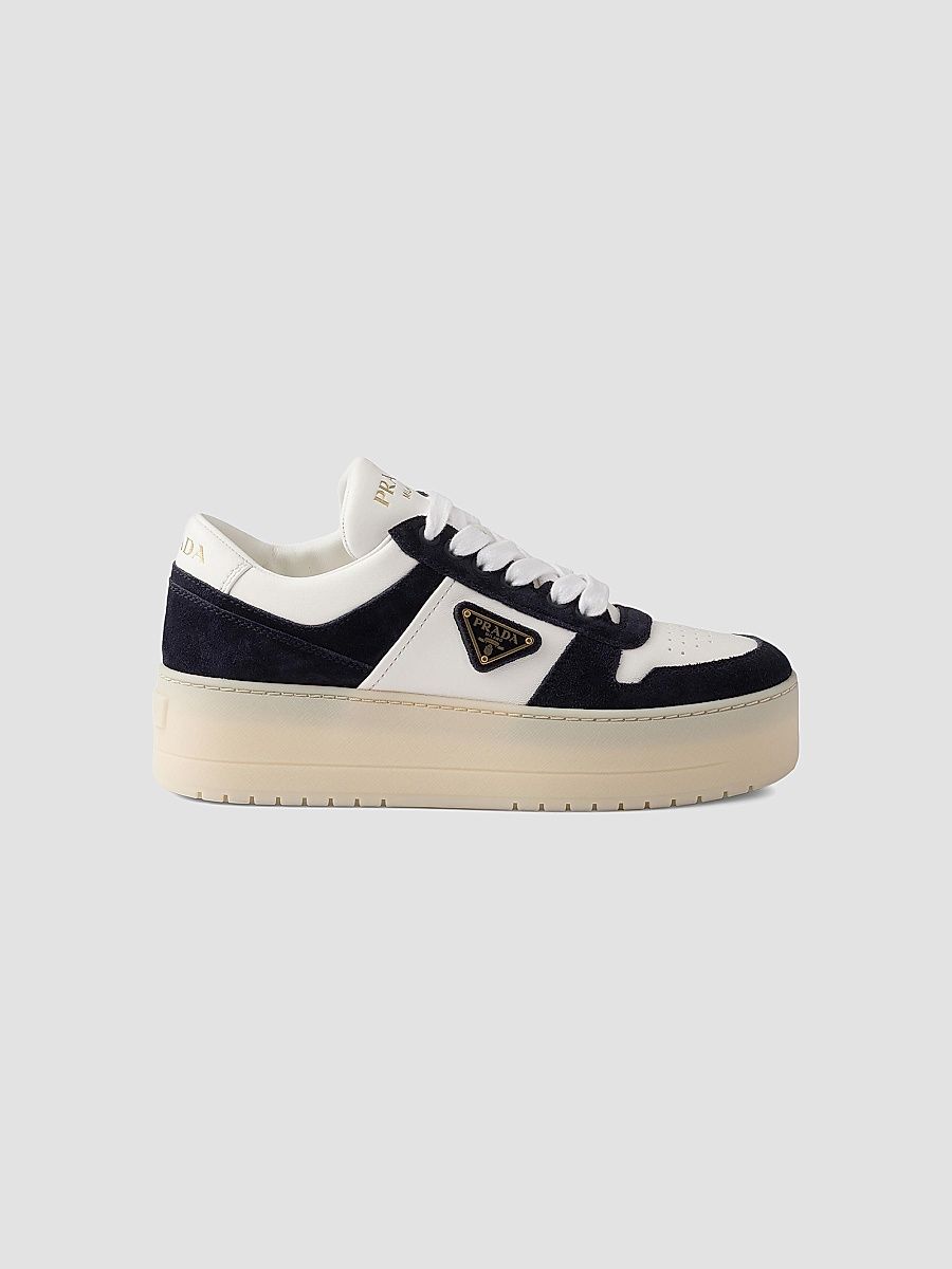 Prada Women's Downtown Bold Nappa Leather and Suede Sneakers - Blue White - Size 8.5