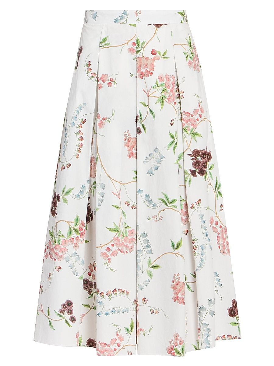 Women's Floral Cotton Pleated Midi-Skirt - French Chintz Multi White - Size 10