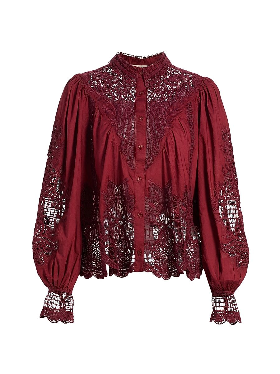 Women's Berry Garden Guipure Lace Blouse - Burgundy - Size Small