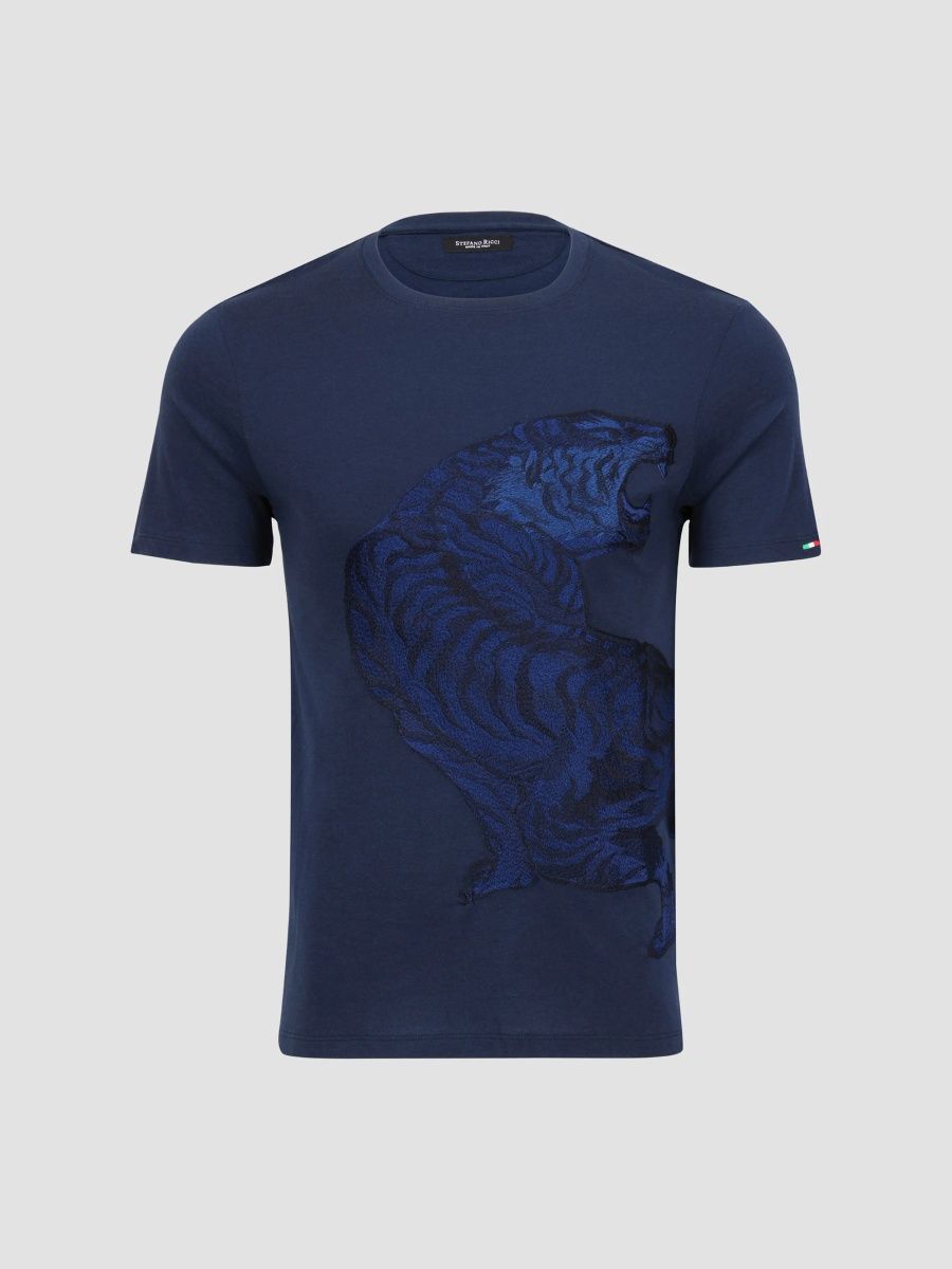 Stefano Ricci Men's Embroidered Roaring Tiger T-Shirt - Navy Blue - Size XXXL