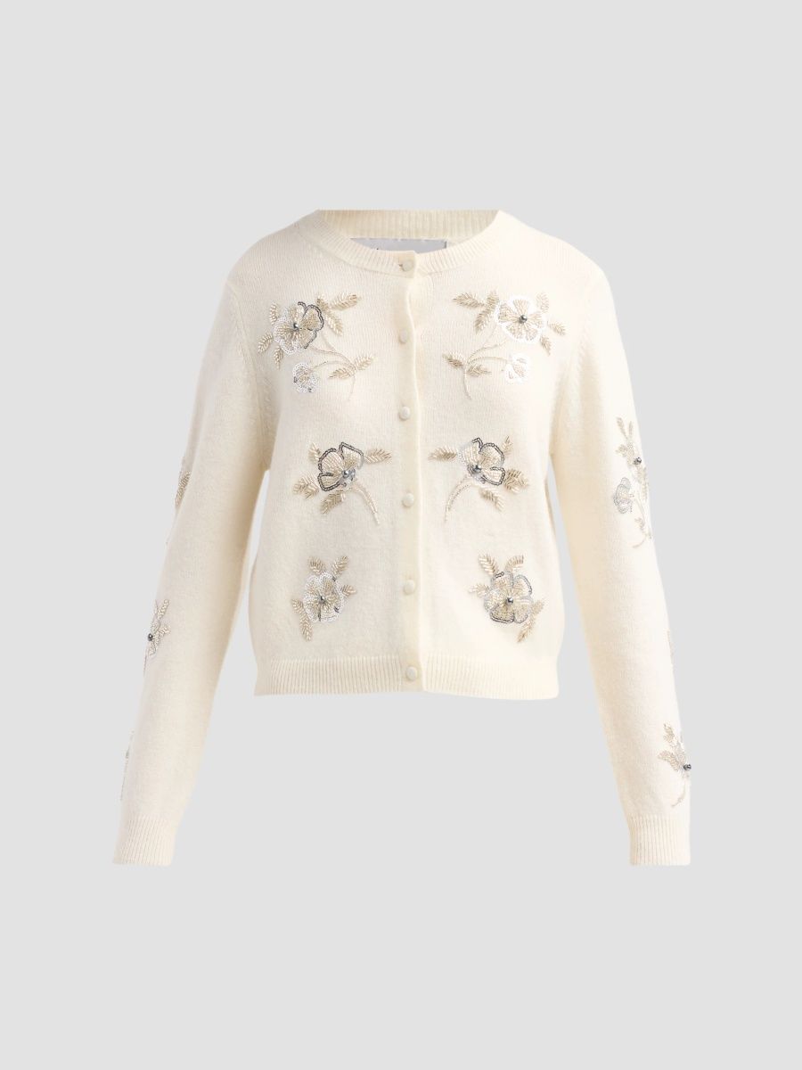 dh New York Women's Florence Floral-Beaded Cardigan - Dove - Size Large
