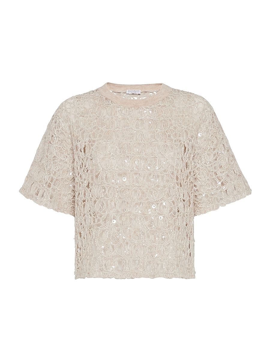 Women's Dazzling Croc Embroidery Knit T-Shirt in Mohair Silk and Linen - Cool Beige - Size XL