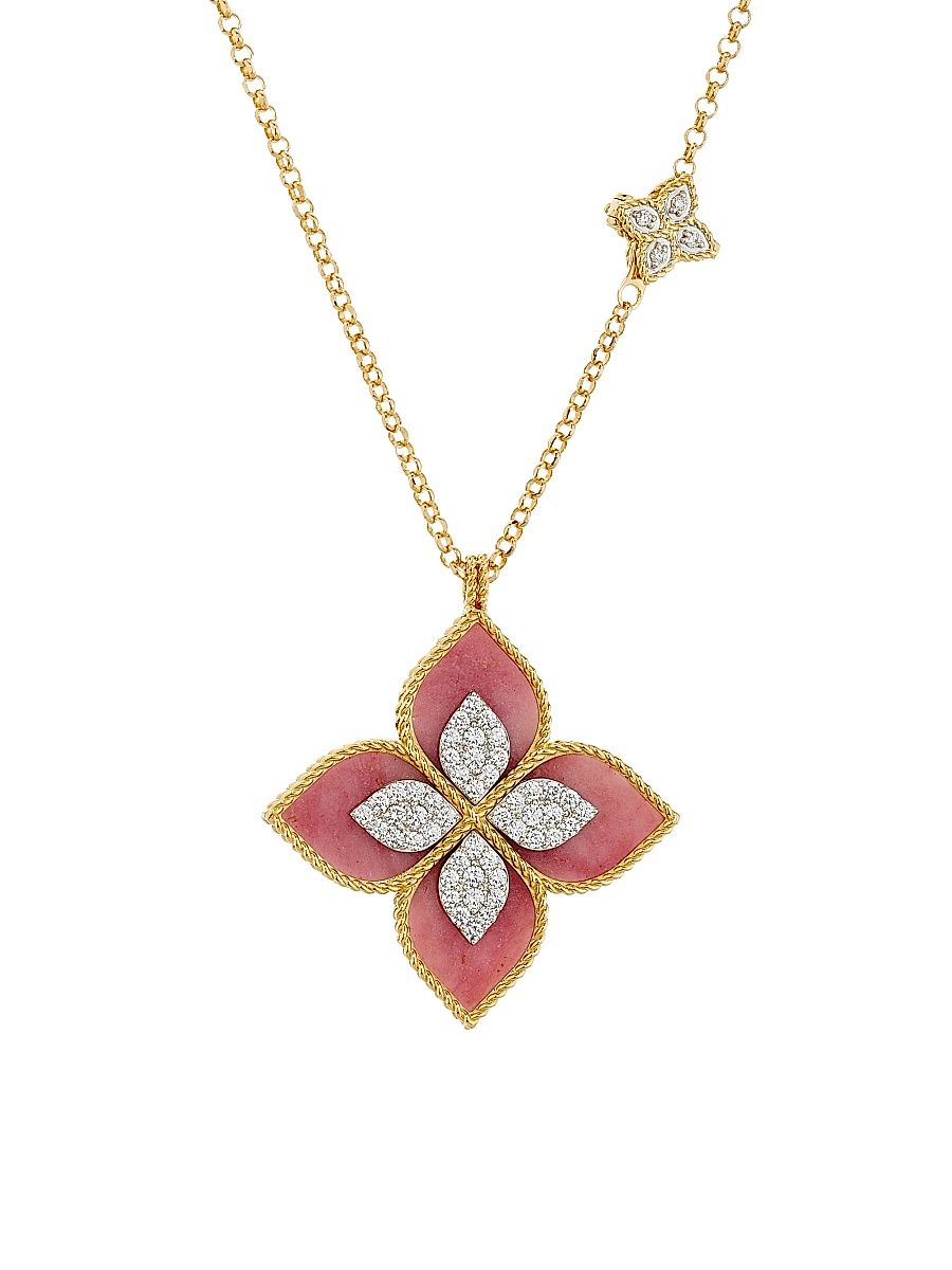 Women's Venetian Princess 18K Yellow Gold, Rhodonite & 0.72 TCW Diamond Flower Pendant Necklace - Yellow Gold