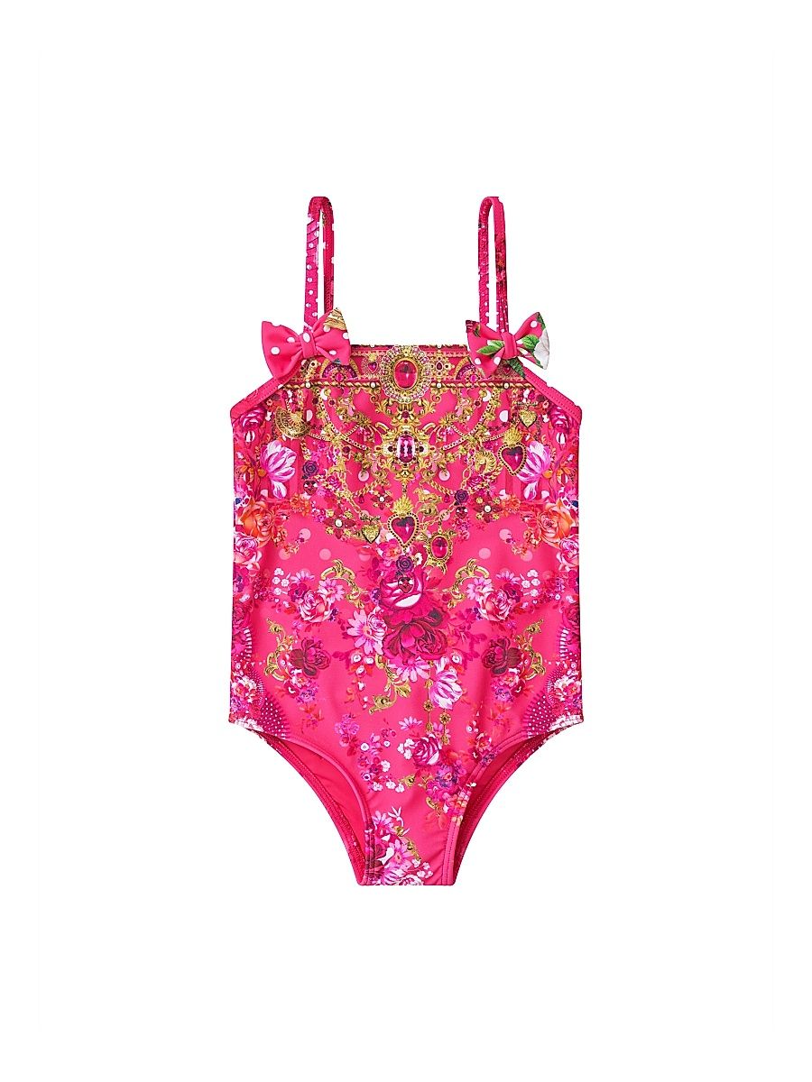 Baby Girl's Bow-Accented Printed One-Piece Swimwear - Rose - Size 2