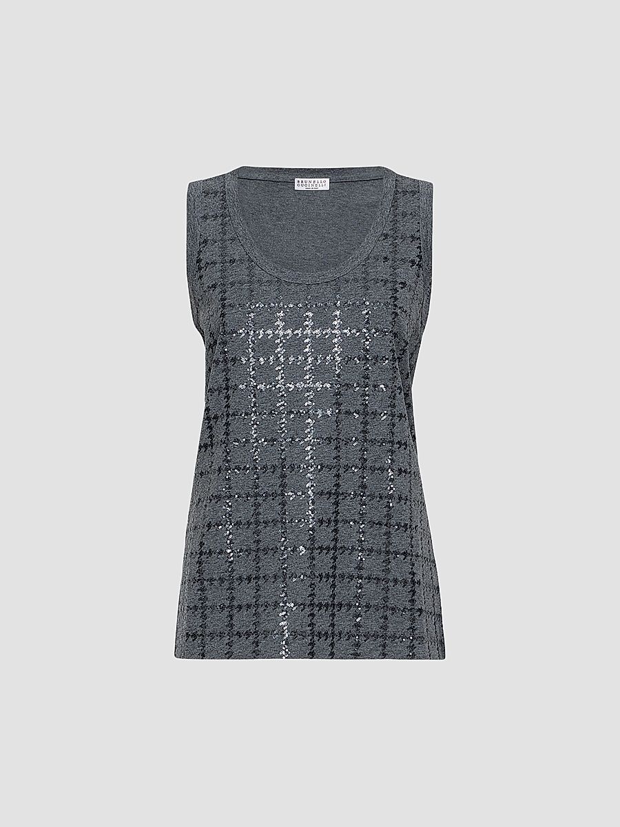 Women's Cotton Jersey Top with Dazzling Windowpane Embroidery - Lead - Size Large