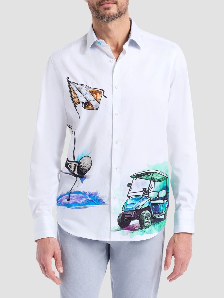 Robert Graham Men's Genesis Golf Graphic Cotton Shirt - White - Size Small