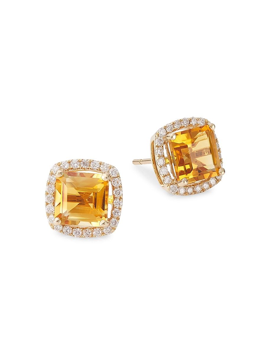 Women's 14K Gold, Diamond & Citrine Stud Earrings - Gold
