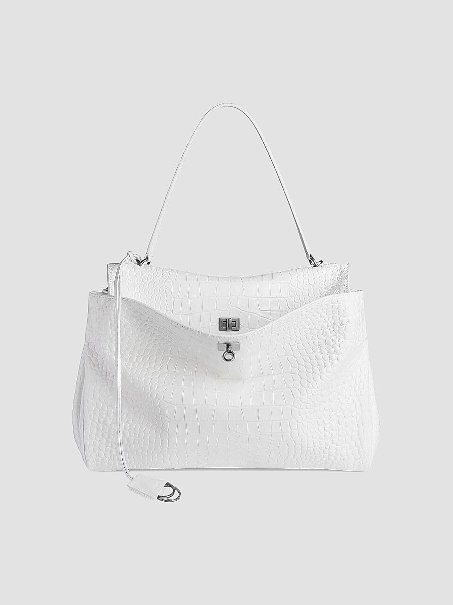 Balenciaga Women's Rodeo Large Handbag Crocodile Embossed - White