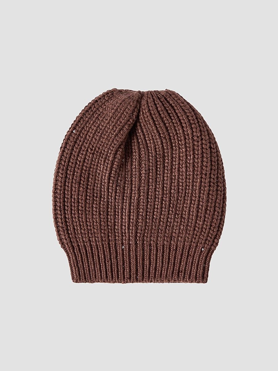 Women's Cashmere and Silk Diamond Yarn Knit Beanie - Chocolate - Size XL