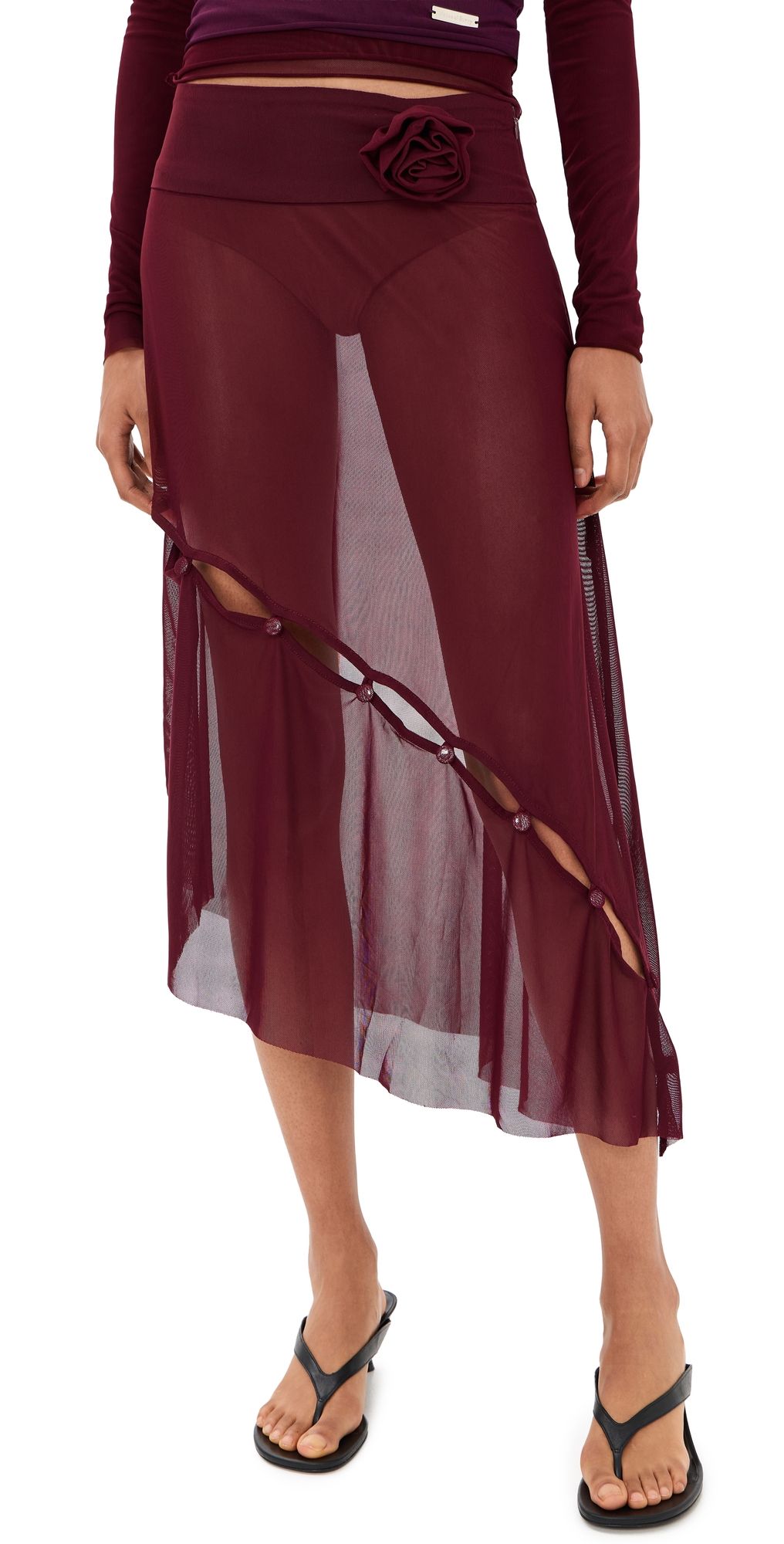House of Sunny Asymmetric Mesh Skirt with Flower Applique Burgundy 10