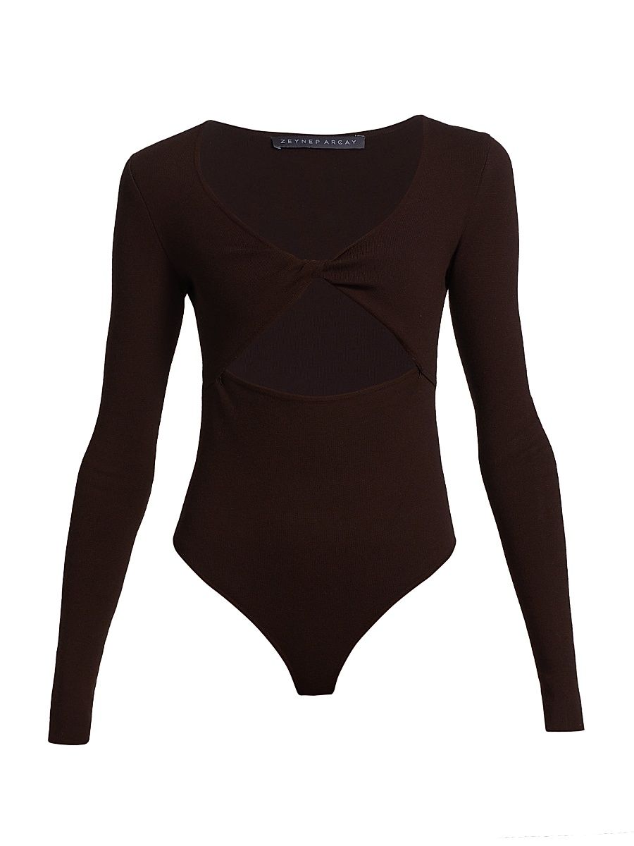Women's Knit Twisted Cut-Out Bodysuit - Dark Brown - Size 10