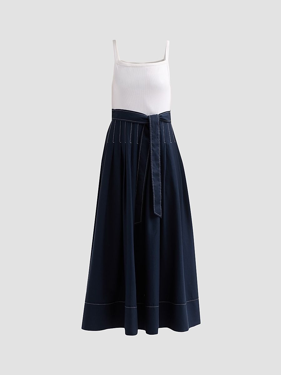 Women's Olivia Mixed-Media Tie-Waist Maxi Dress - White Navy - Size XL