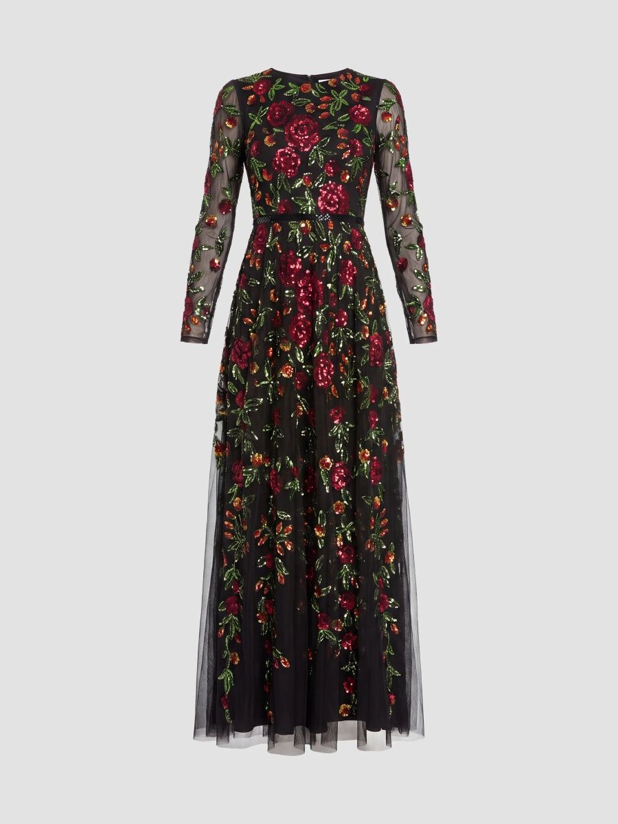 Mac Duggal Women's Embroidered Beaded Mesh A-Line Gown - Black Multi - Size 8