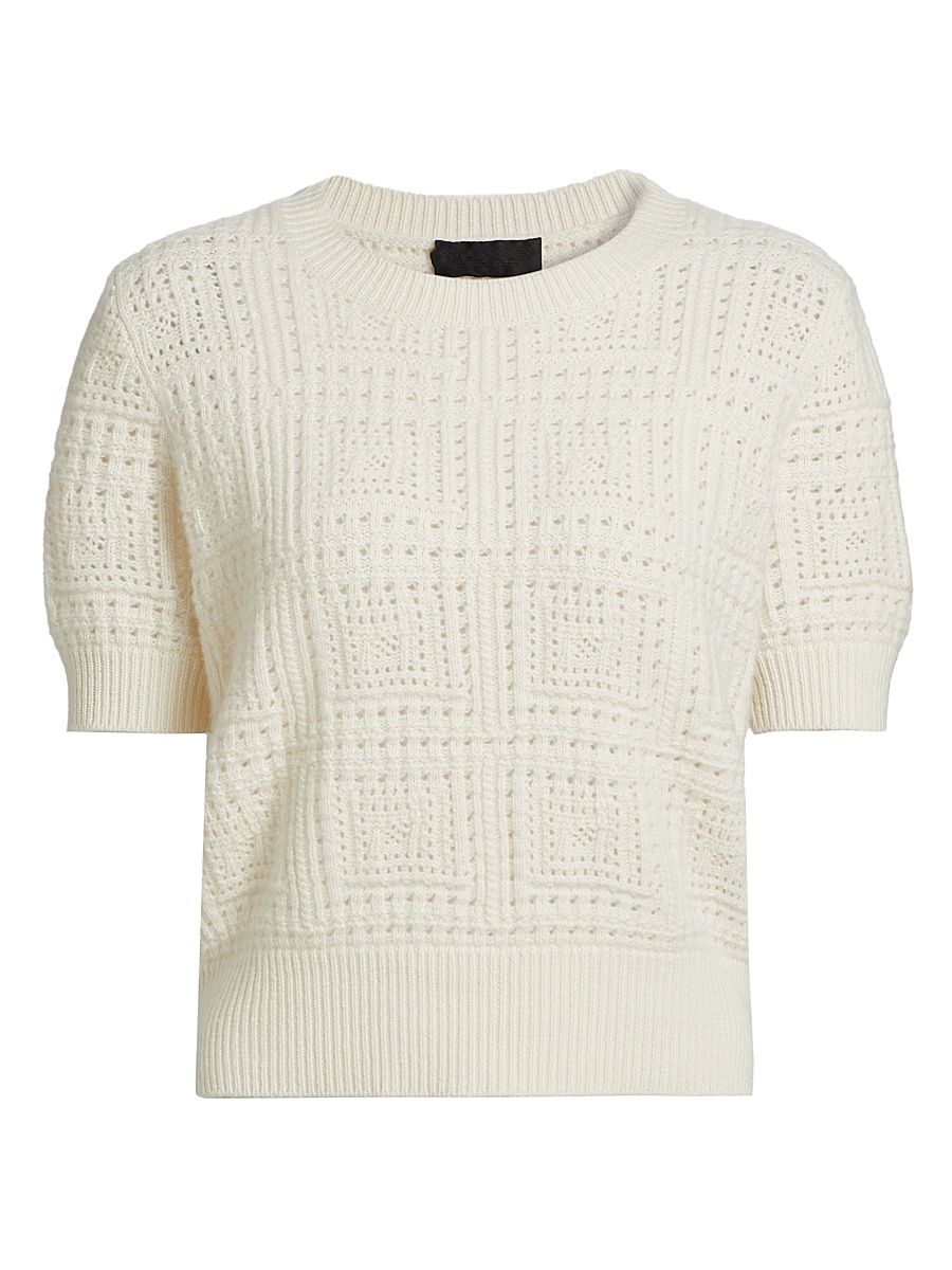 Women's Elysia Crochet Cashmere Short-Sleeve Sweater - Ivory - Size XL
