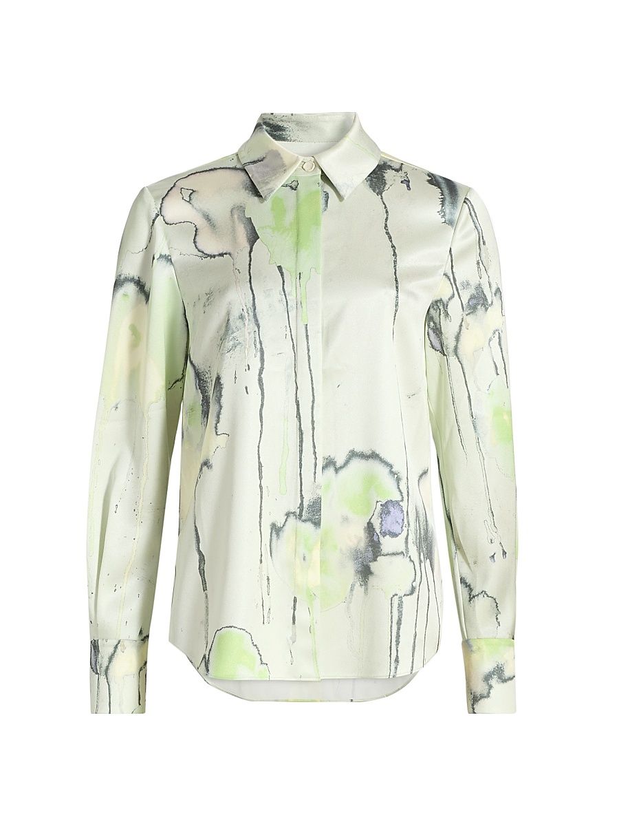 Women's Watercolor Floral Twill Shirt - Light Jade Multi - Size 14
