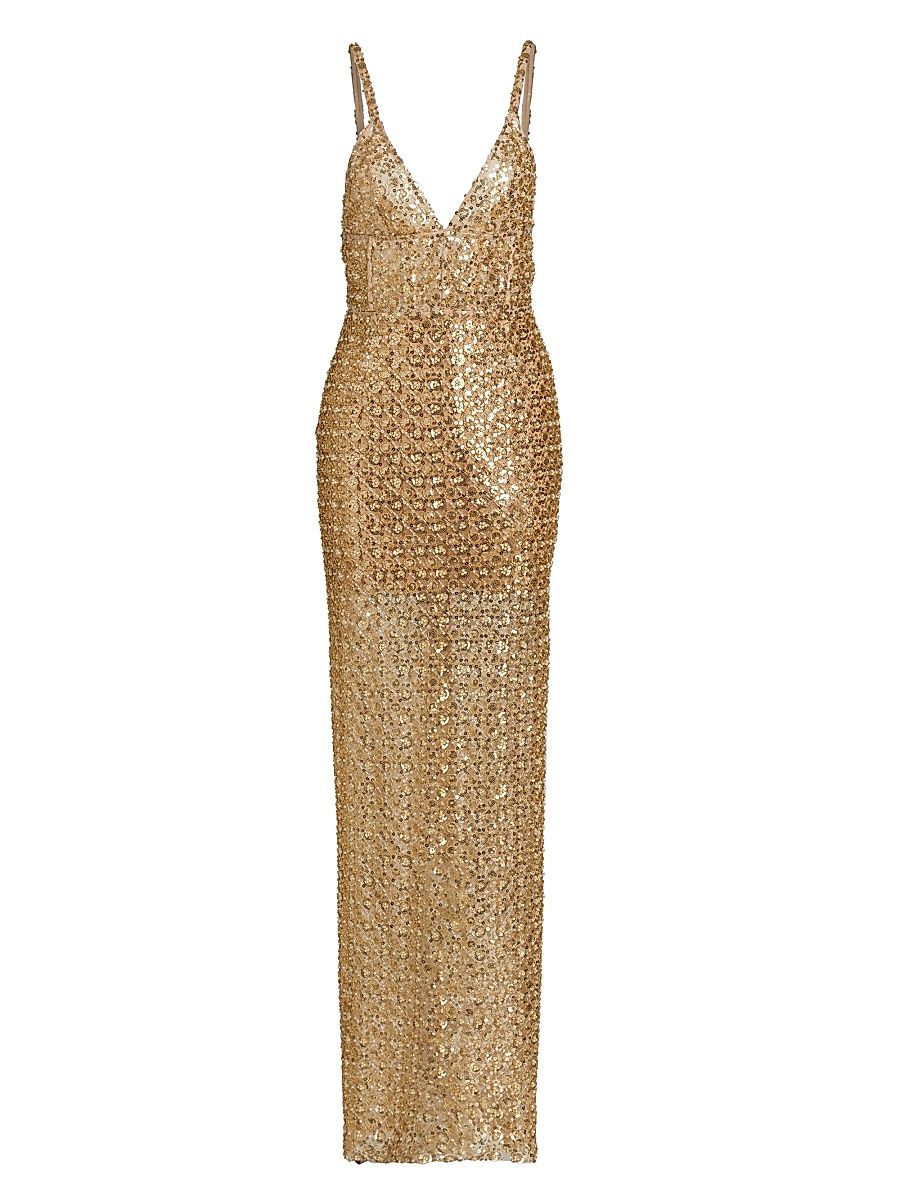 Women's Allegra Embellished Metallic Sleeveless Gown - Gold - Size Large