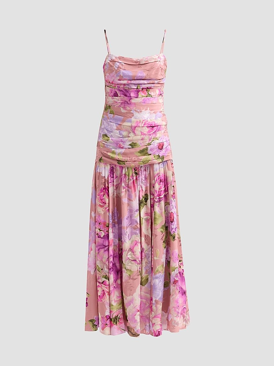 Women's Floral Ruched Drop-Waist Maxi Dress - Coral - Size XL