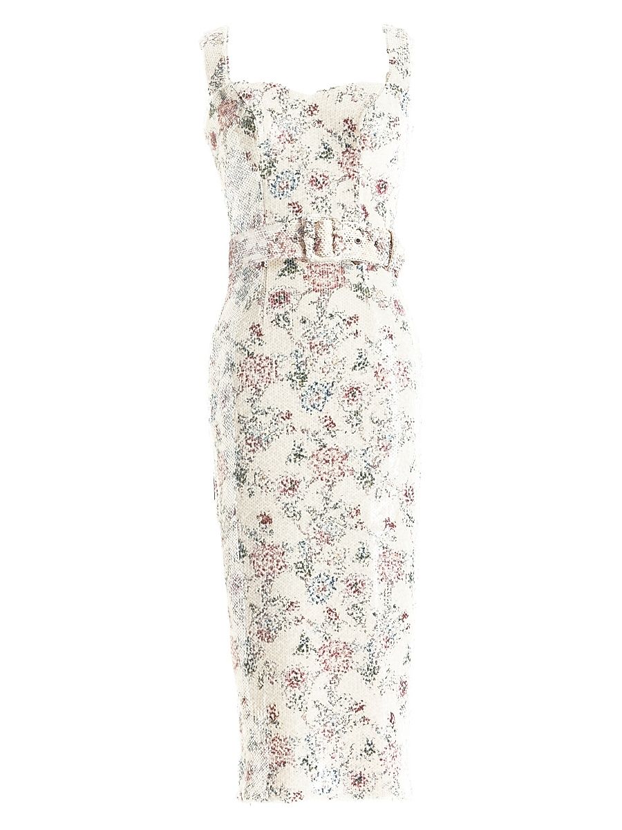 Women's Nicole Belted Floral Sequin Midi-Dress - Cream Multi - Size XXL