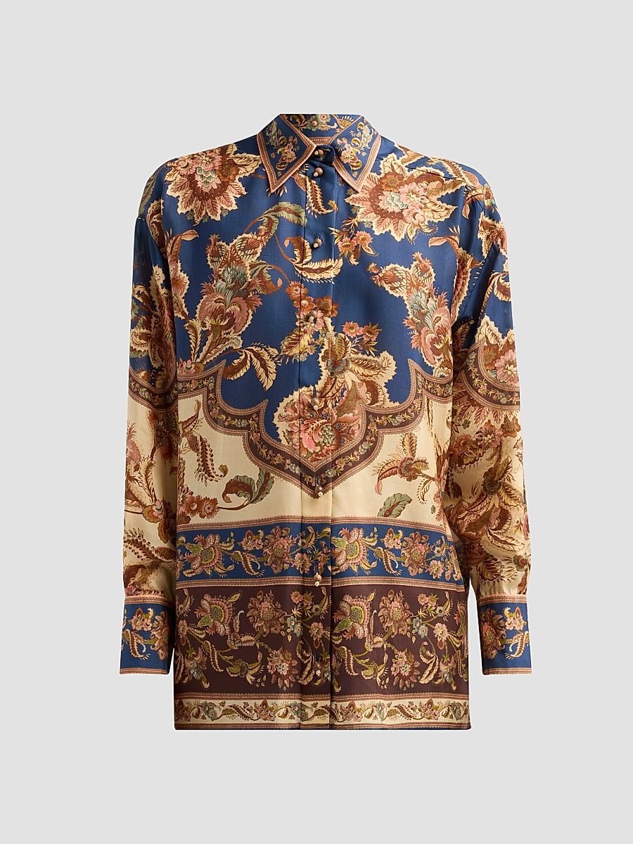 Women's Aster Floral Longline Silk Shirt - Navy Jacobean - Size 10