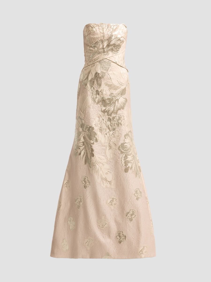 Rene Ruiz Collection Women's Floral Jacquard Strapless Mermaid Gown - Champagne Gold Silver - Size 14