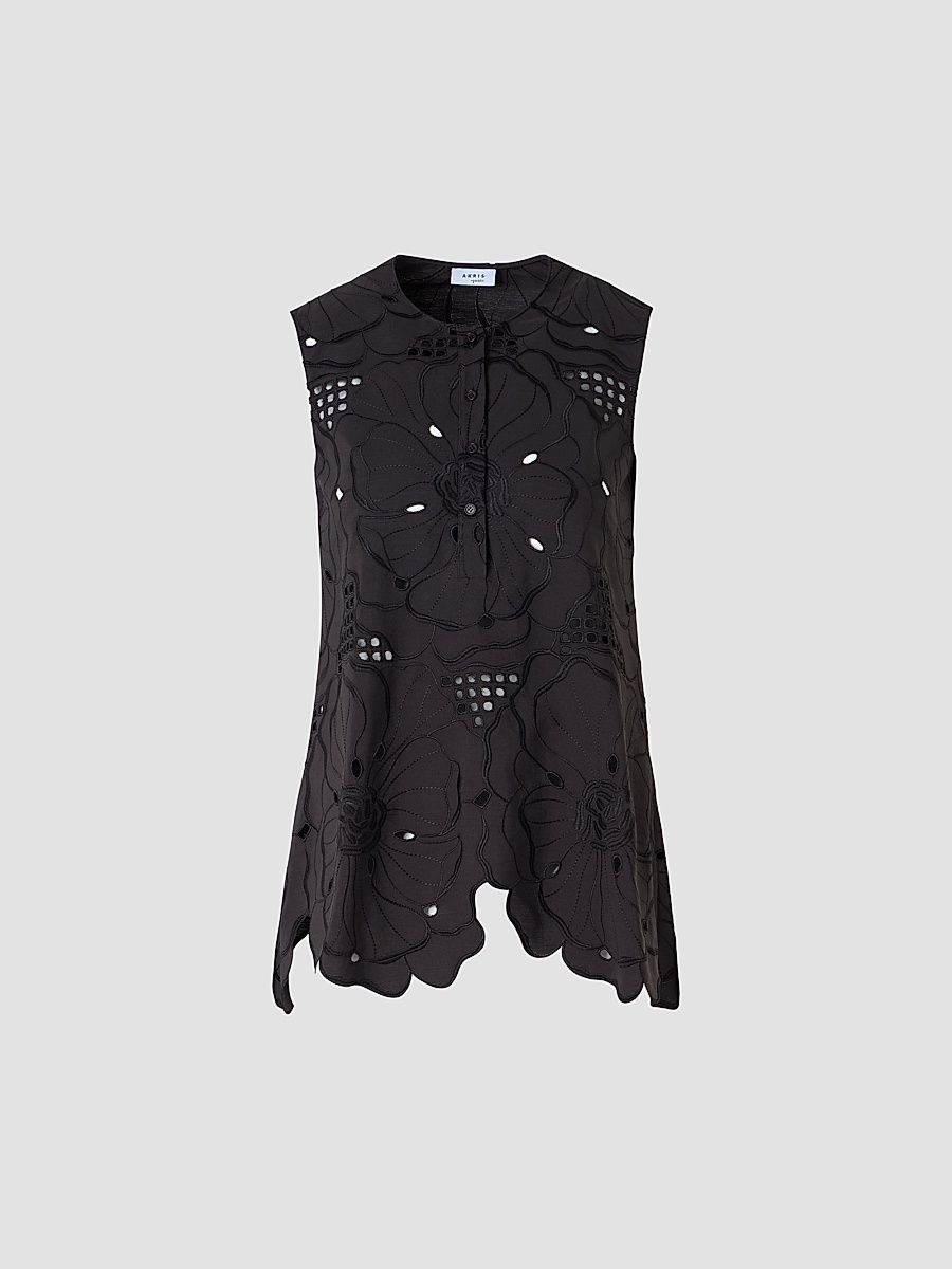 Women's Floral Eyelet Cotton Tunic Blouse - Black - Size 16