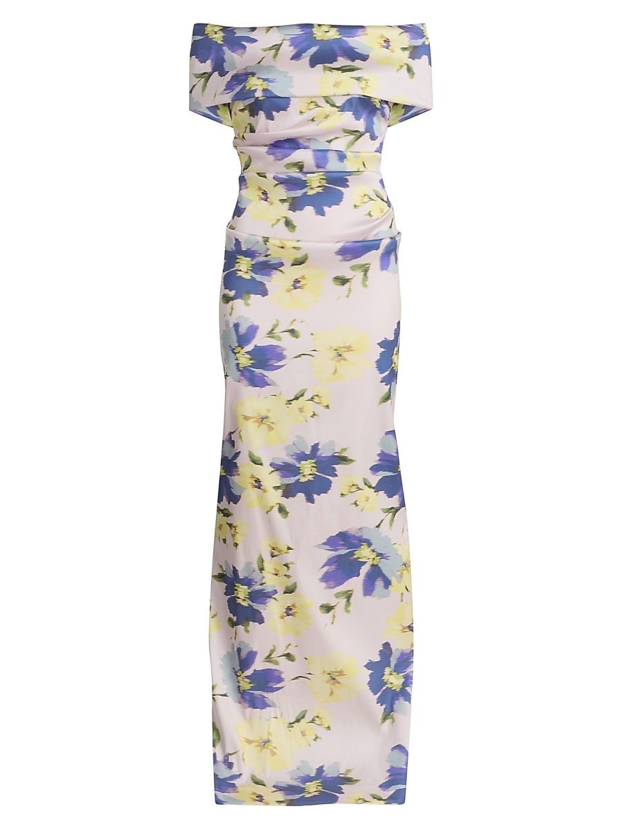 Women's Mikado Floral Cuff Bodice Ruched Gown - Blush Multi - Size 18