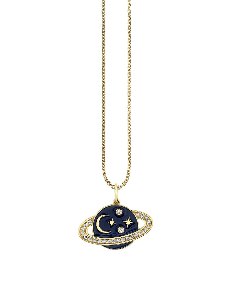 Women's Sunset Observatory 14K Yellow Gold, Ceramic & 0.13 TCW Diamond Saturn Pendant Necklace - Blue Gold