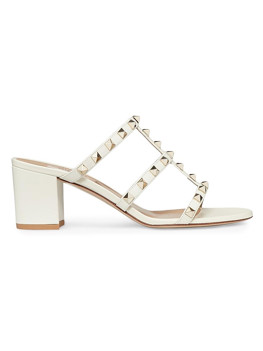 Women's Rockstud 60MM Metallic Calfskin Leather Slide Sandals - Light Ivory - Size 7