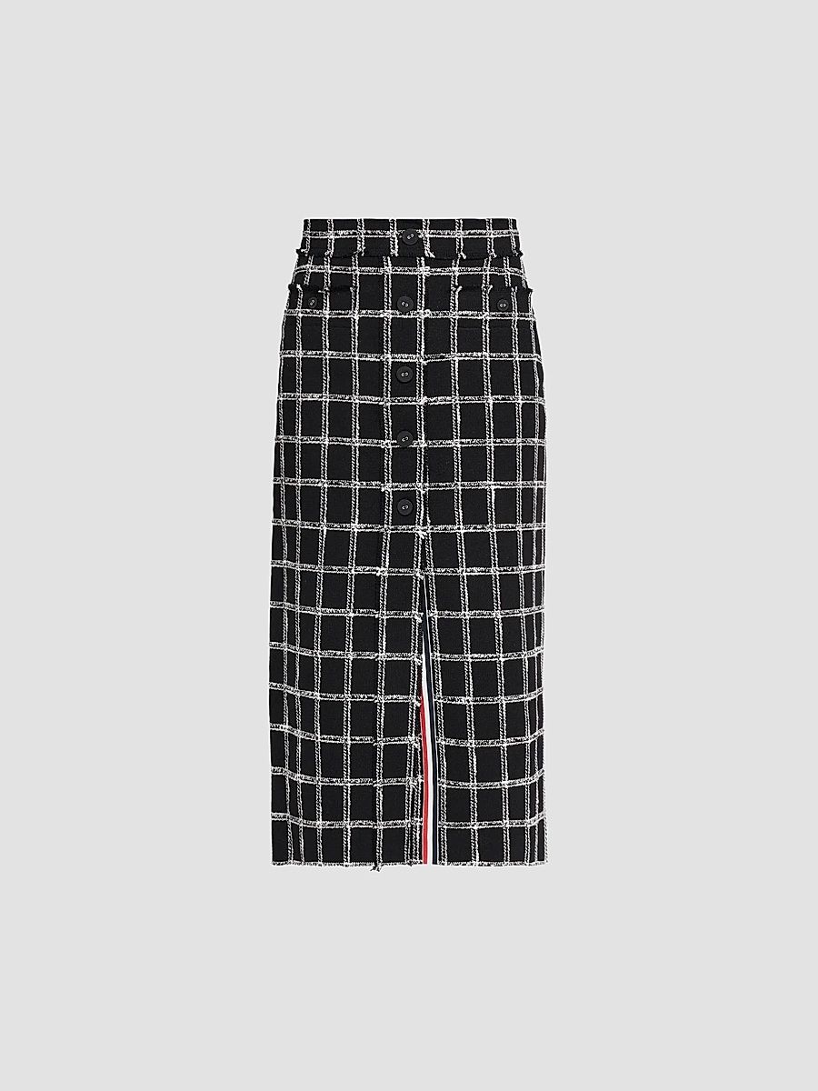 Thom Browne Women's Windowpane Tweed Cardi Midi Skirt - Black - Size 8