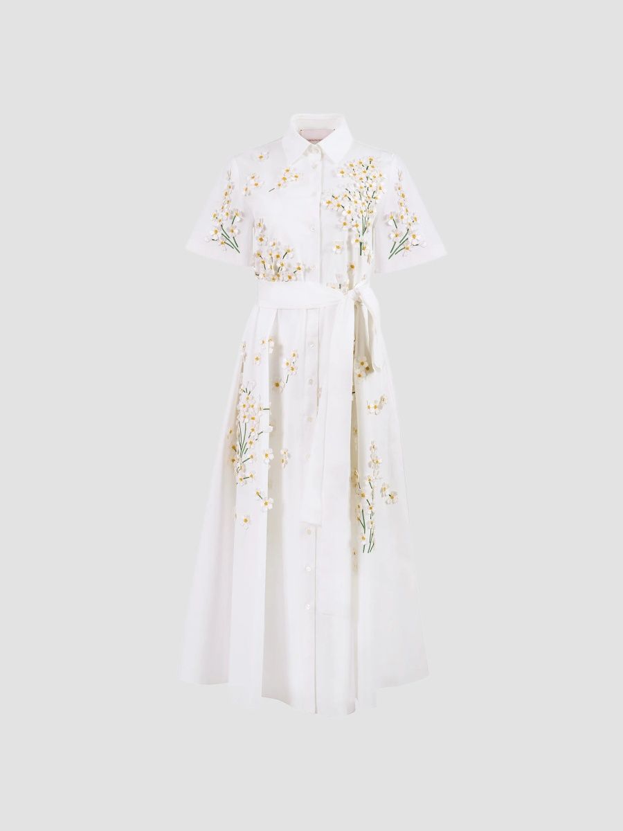 Carolina Herrera Women's Floral Appliqué Cotton-Blend Belted Midi Shirtdress - White - Size 16