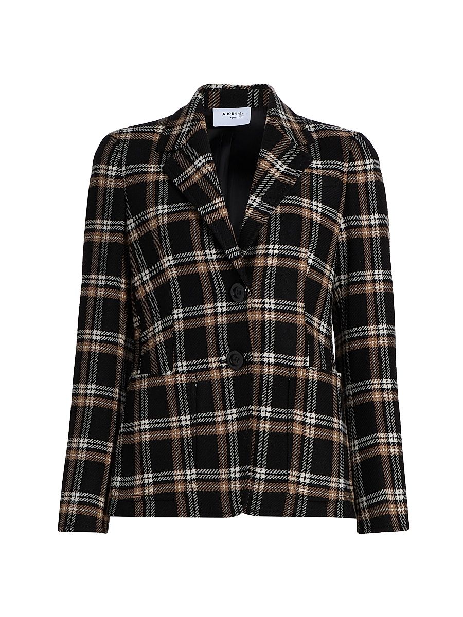 Women's Plaid Wool Tricotine Tweed Blazer - Black Camel Cream - Size 16