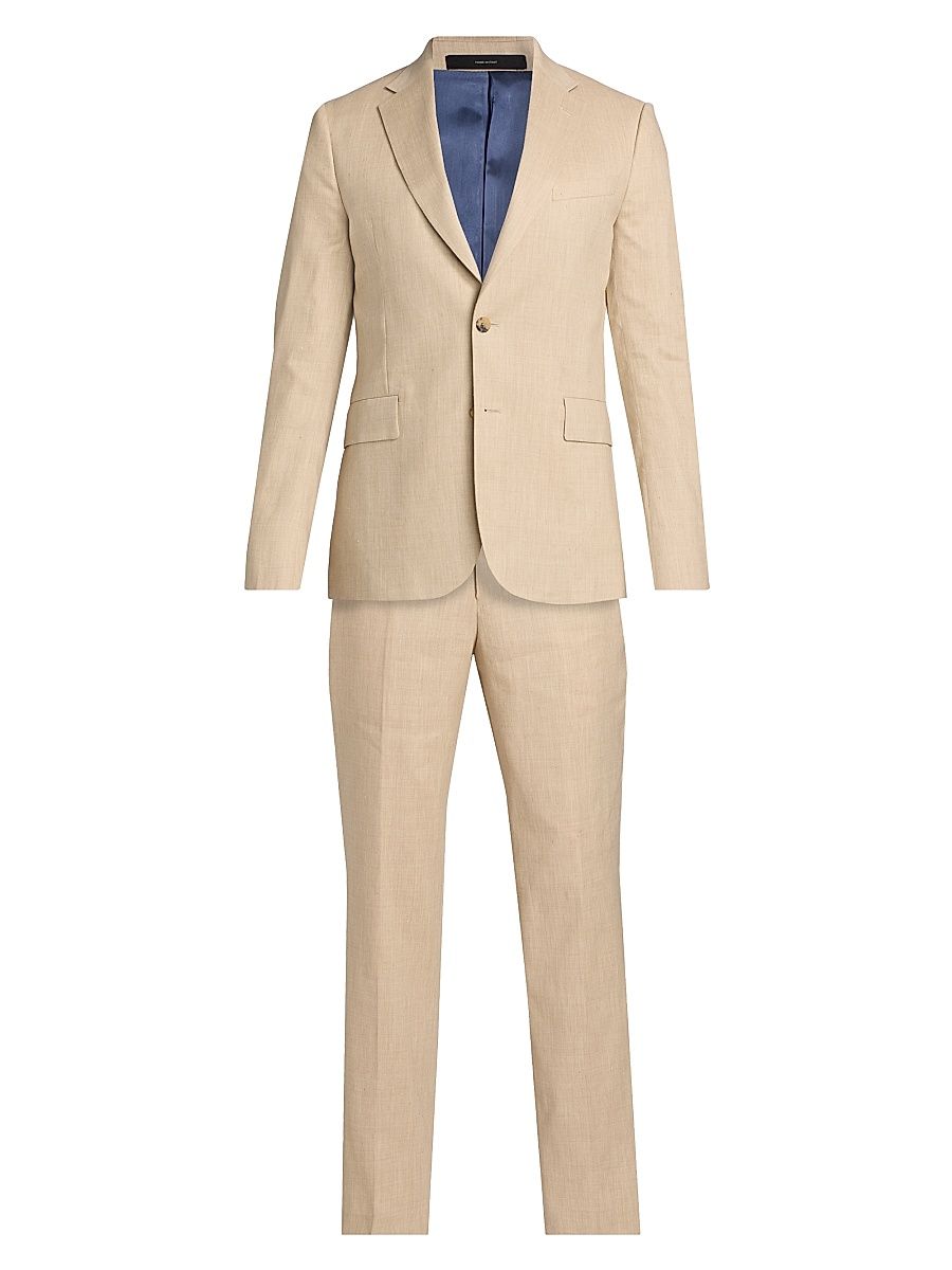 Men's Tailored-Fit Stretch Linen-Wool Single-Breasted Suit - Beige - Size 46