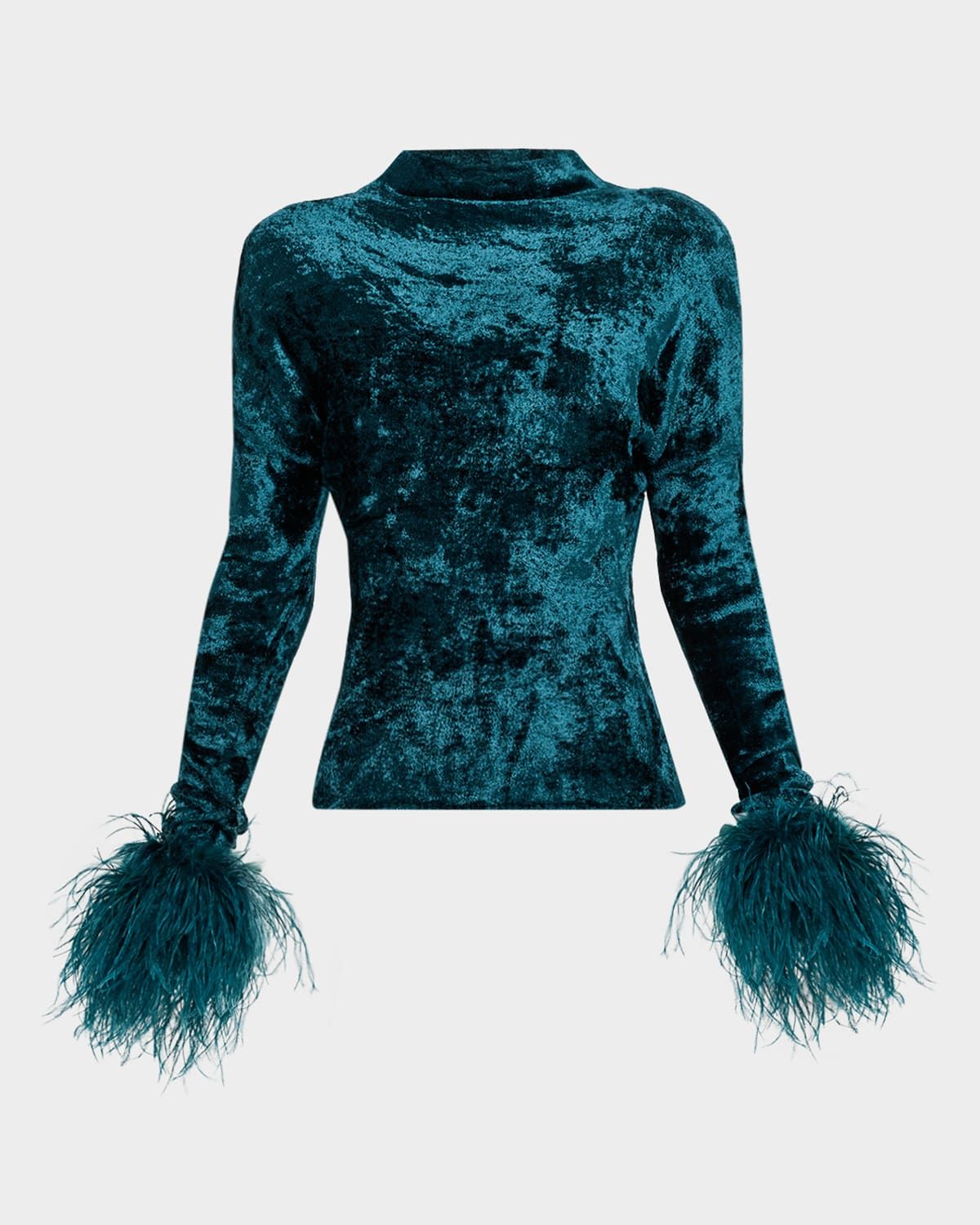 Velvet Dolman-Sleeve Feather-Cuff Top