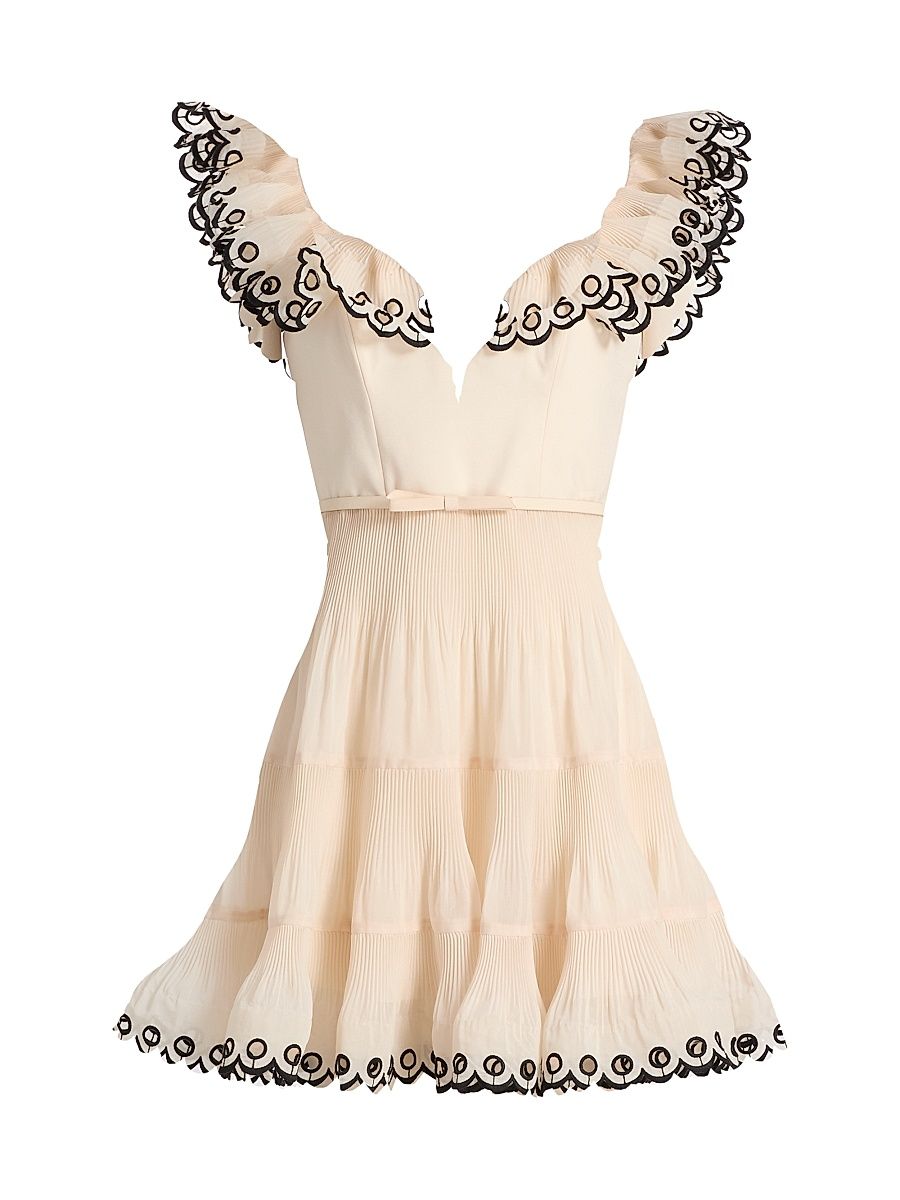 Women's Embroidered Frilled Minidress - Cream - Size 10