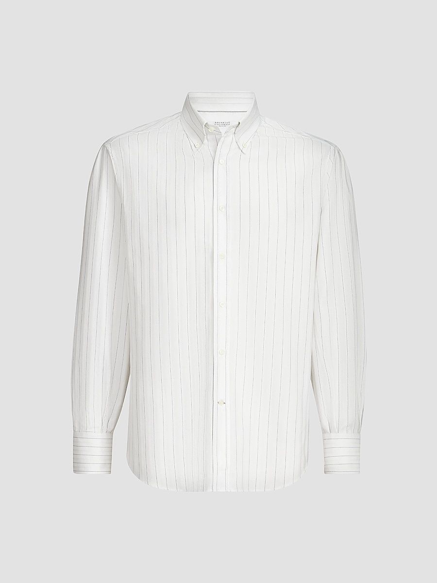 Men's Cotton Textured Striped Chevron Shirt with Button-Down Collar - White - Size Medium