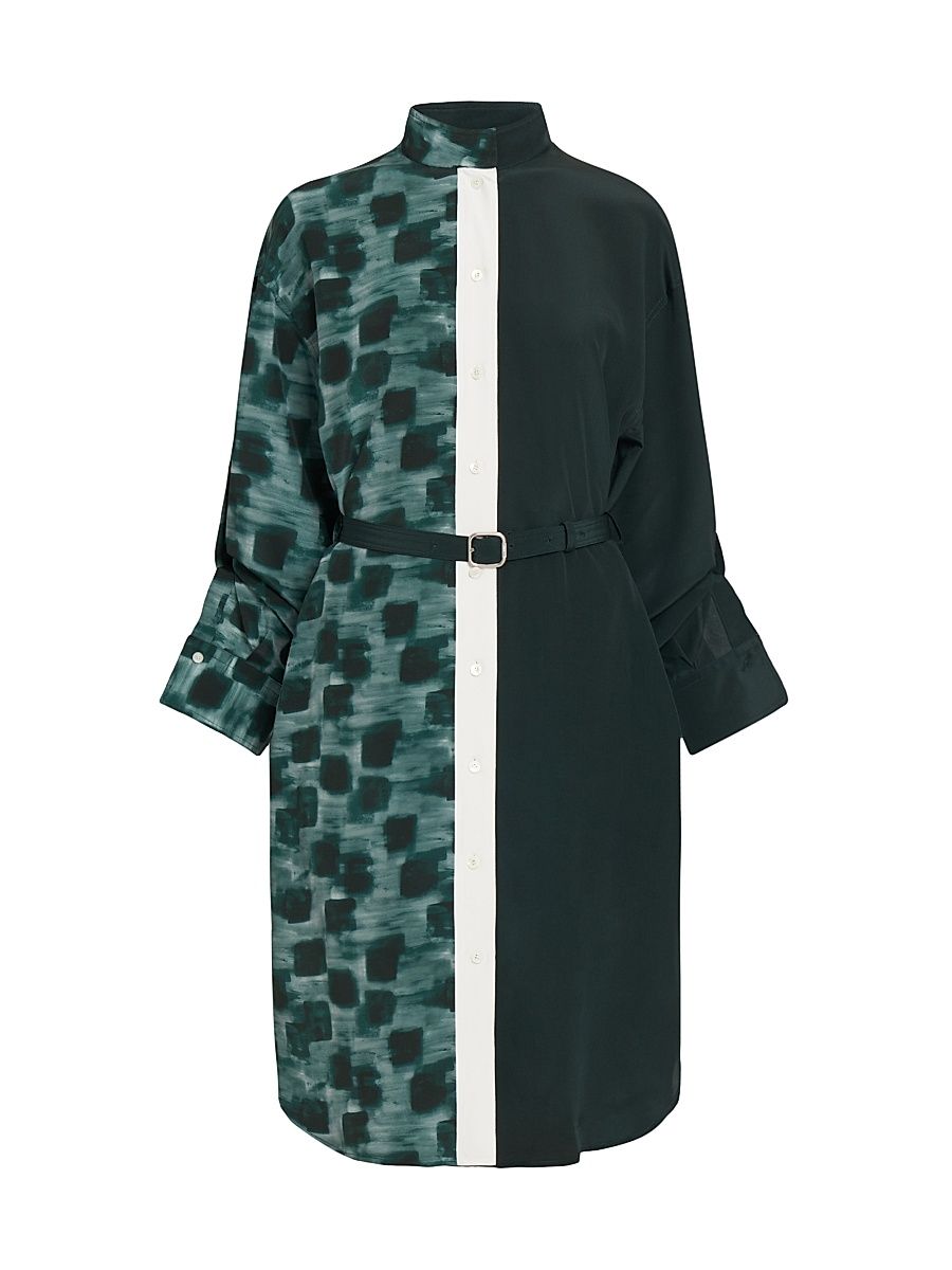 Women's Painted Block Silk Split Shirtdress - Moss - Size 10