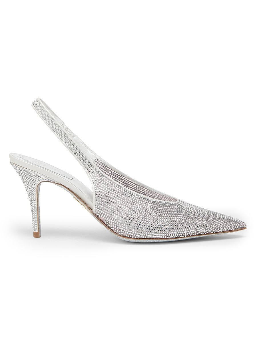 Women's 80MM Embellished Slingback Pumps - Ivory Net Tulle Crystal Strass - Size 6