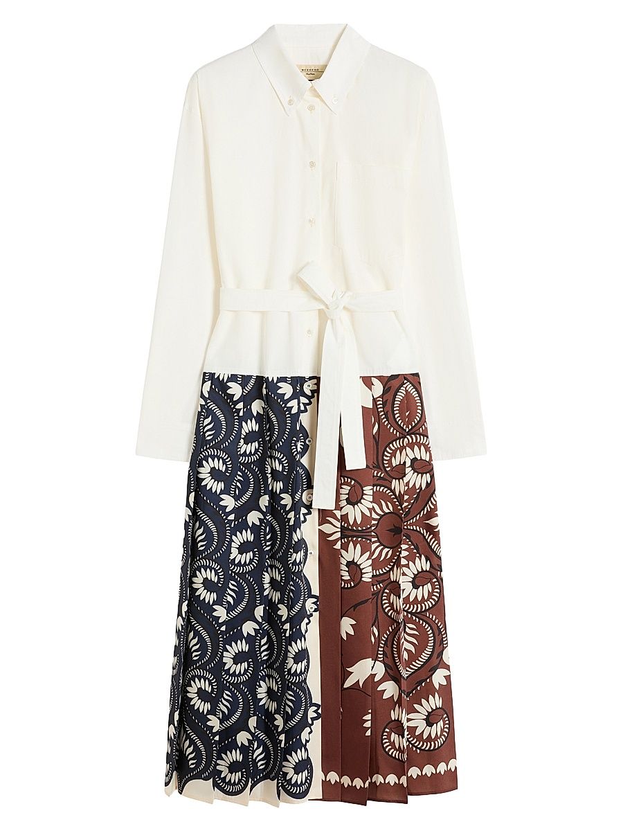 Women's Printed Cotton and Twill Shirt Dress - White Multi - Size 16