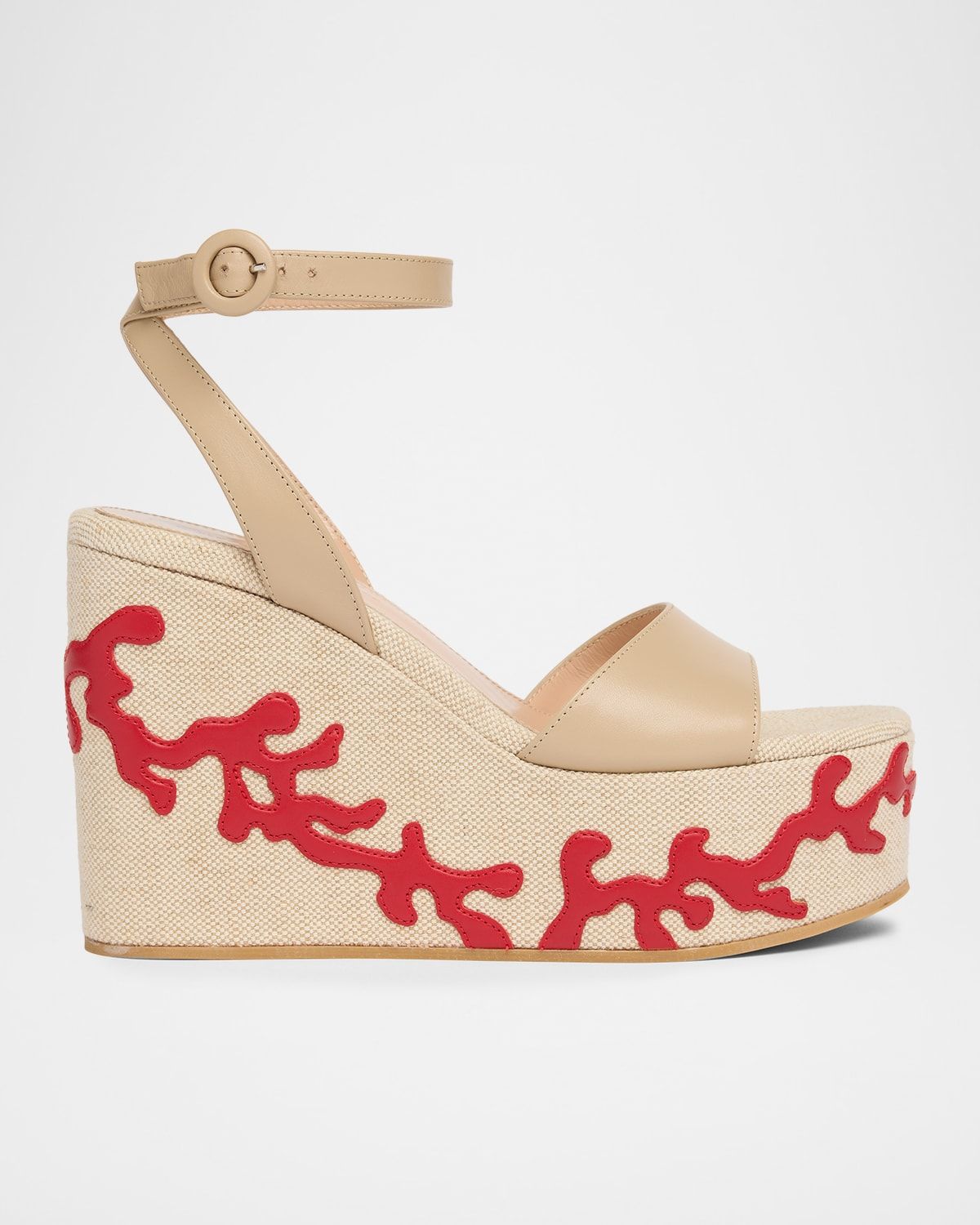 60mm Coral Leather and Canvas Wedge Sandals