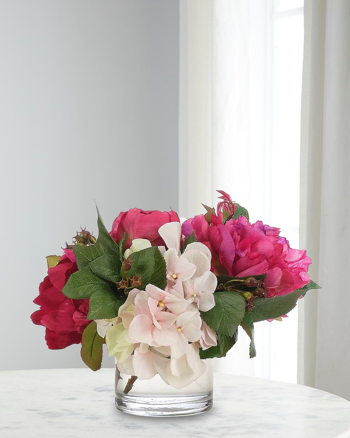 Peony and Hydrangea 8" Faux Floral Arrangement in Glass Cylinder, Set of 2