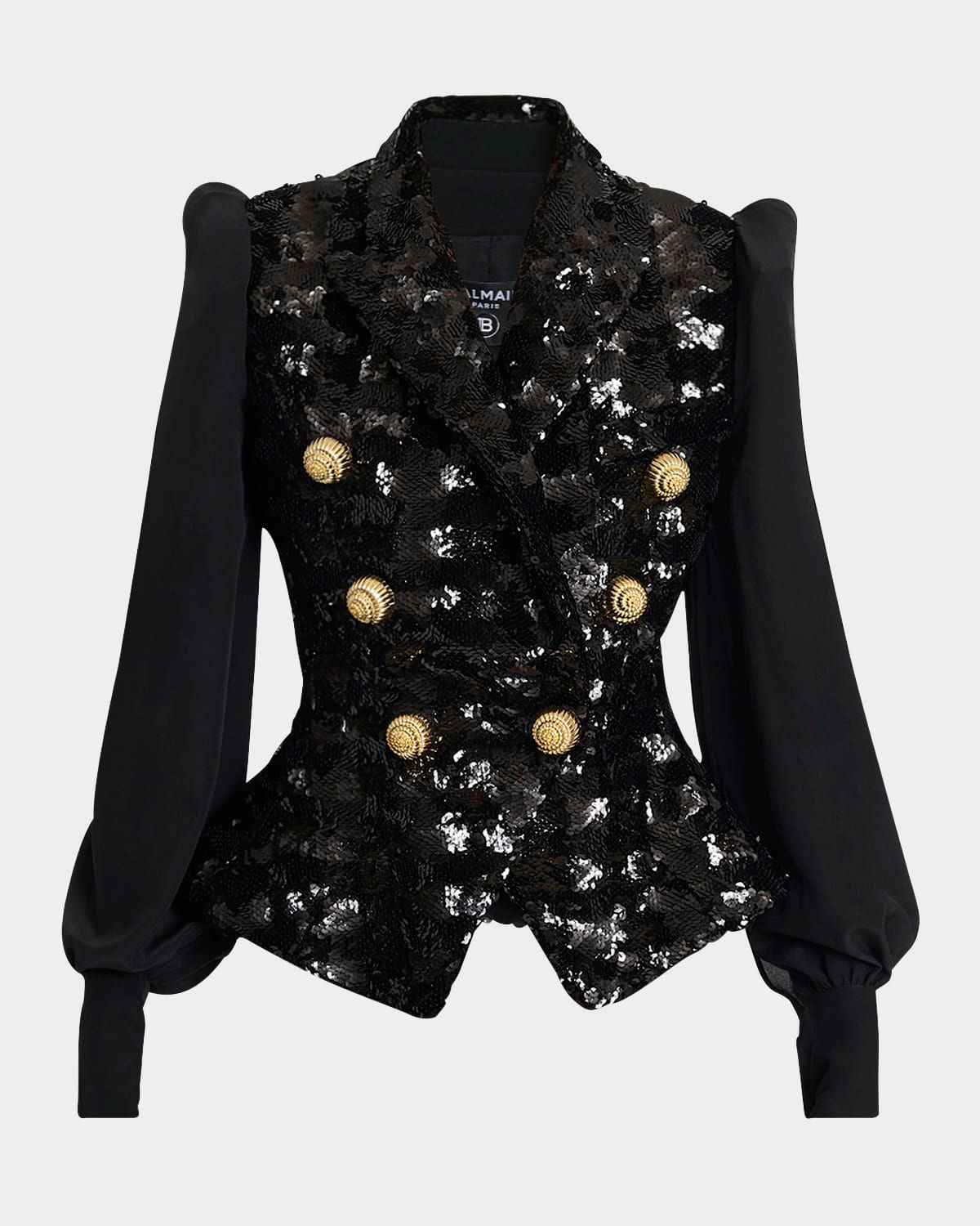 Sequined Double-Breasted Blazer with Muslin Sleeves