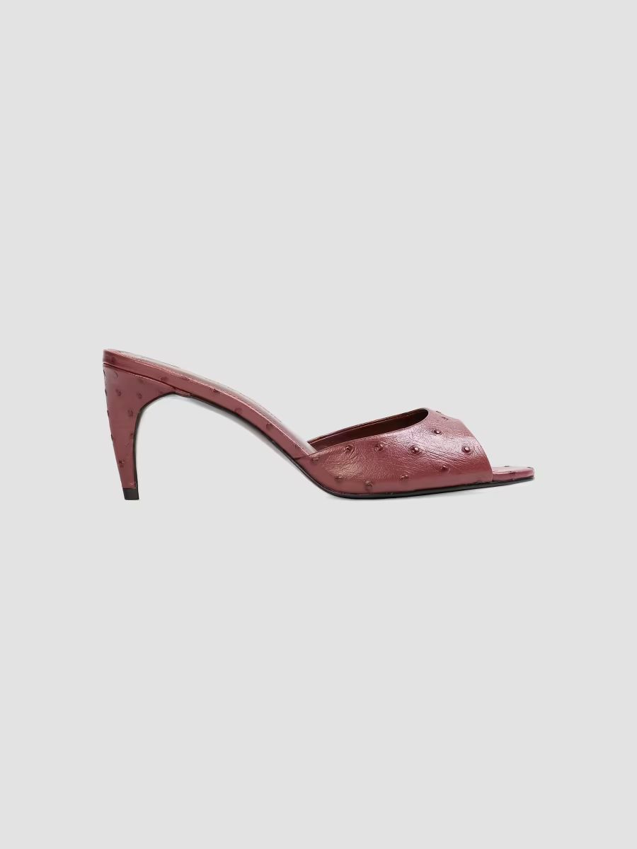 Black Suede Studio Women's Jazz 70MM Mule Sandals - Ruby Ostrich Leather - Size 10