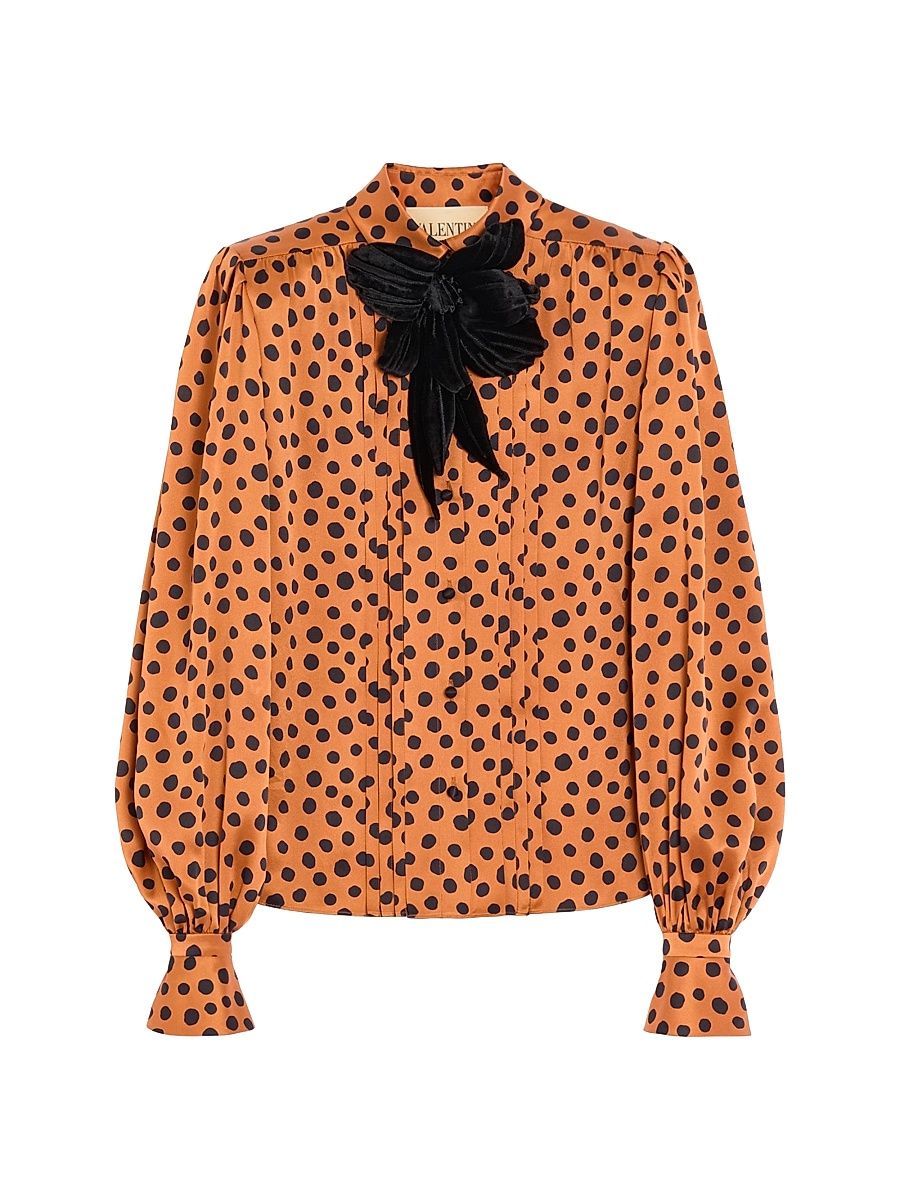 Women's Crepe Satin Shirt with Plus De Pois Dalmata Print - Brown Black - Size 6