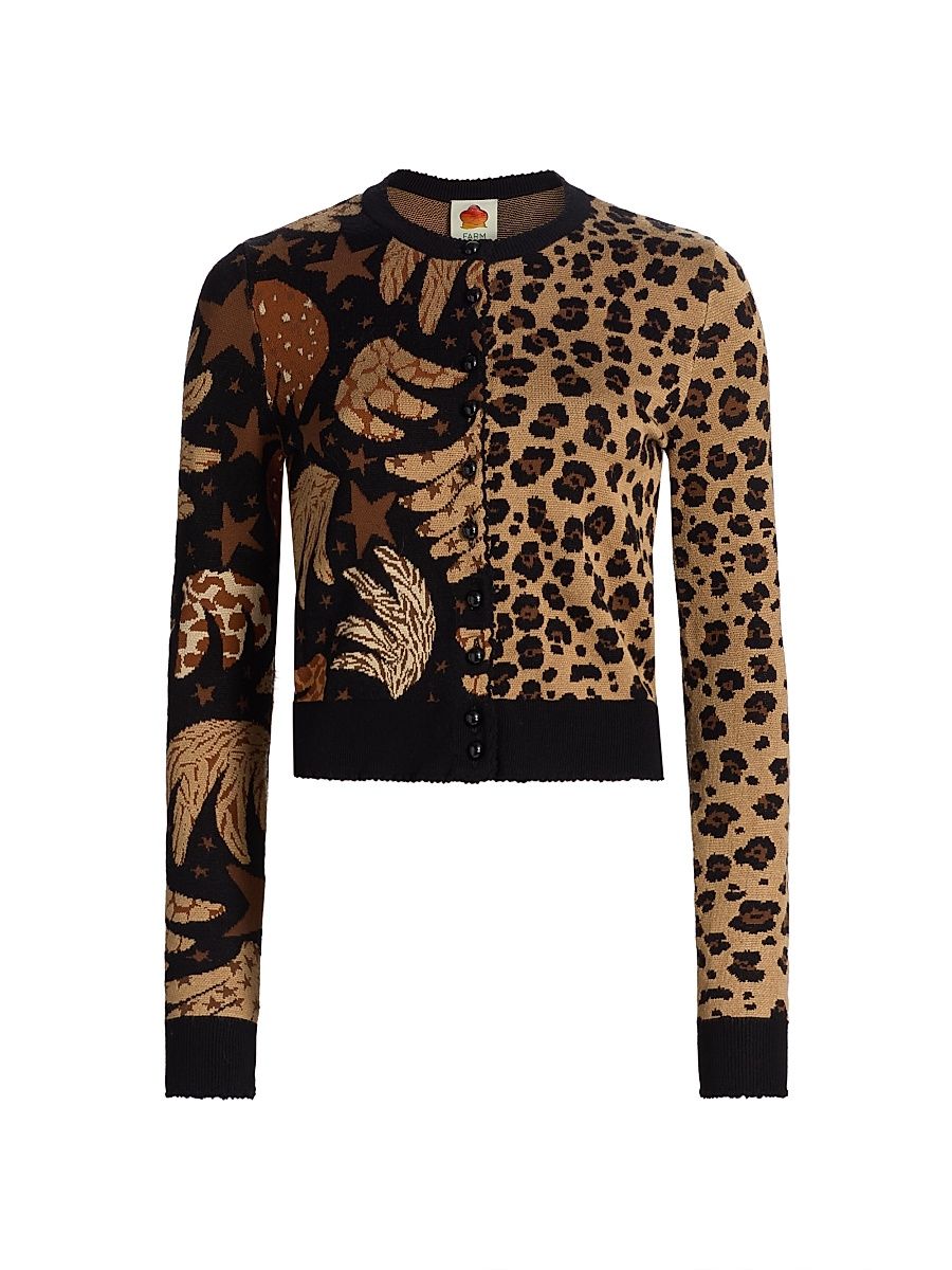 Women's Banana Leopard Intarsia-Knit Crewneck Cardigan - Black - Size Medium