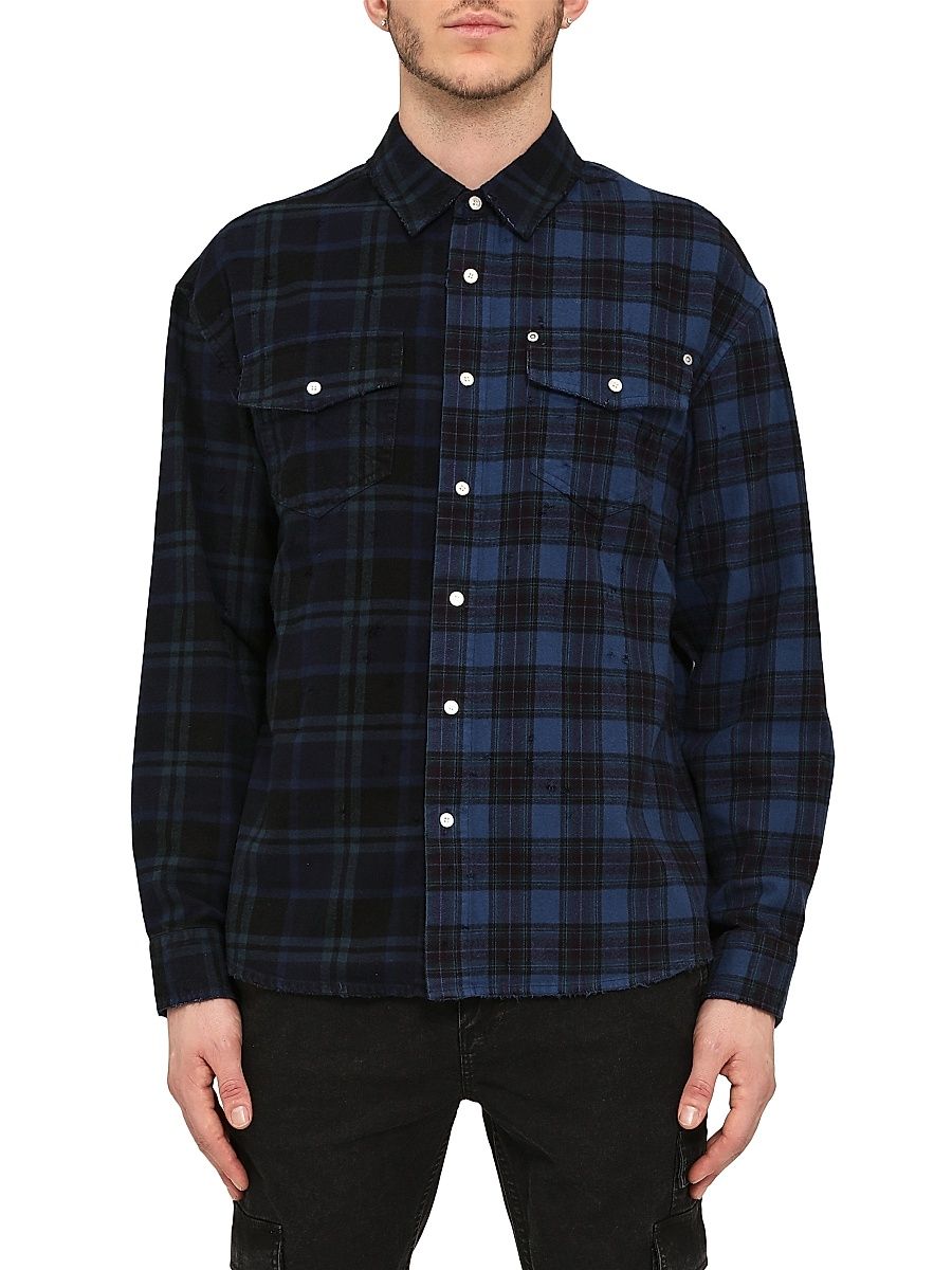 Men's Logo Contrast Check Cotton Shirt - Blue - Size XXL