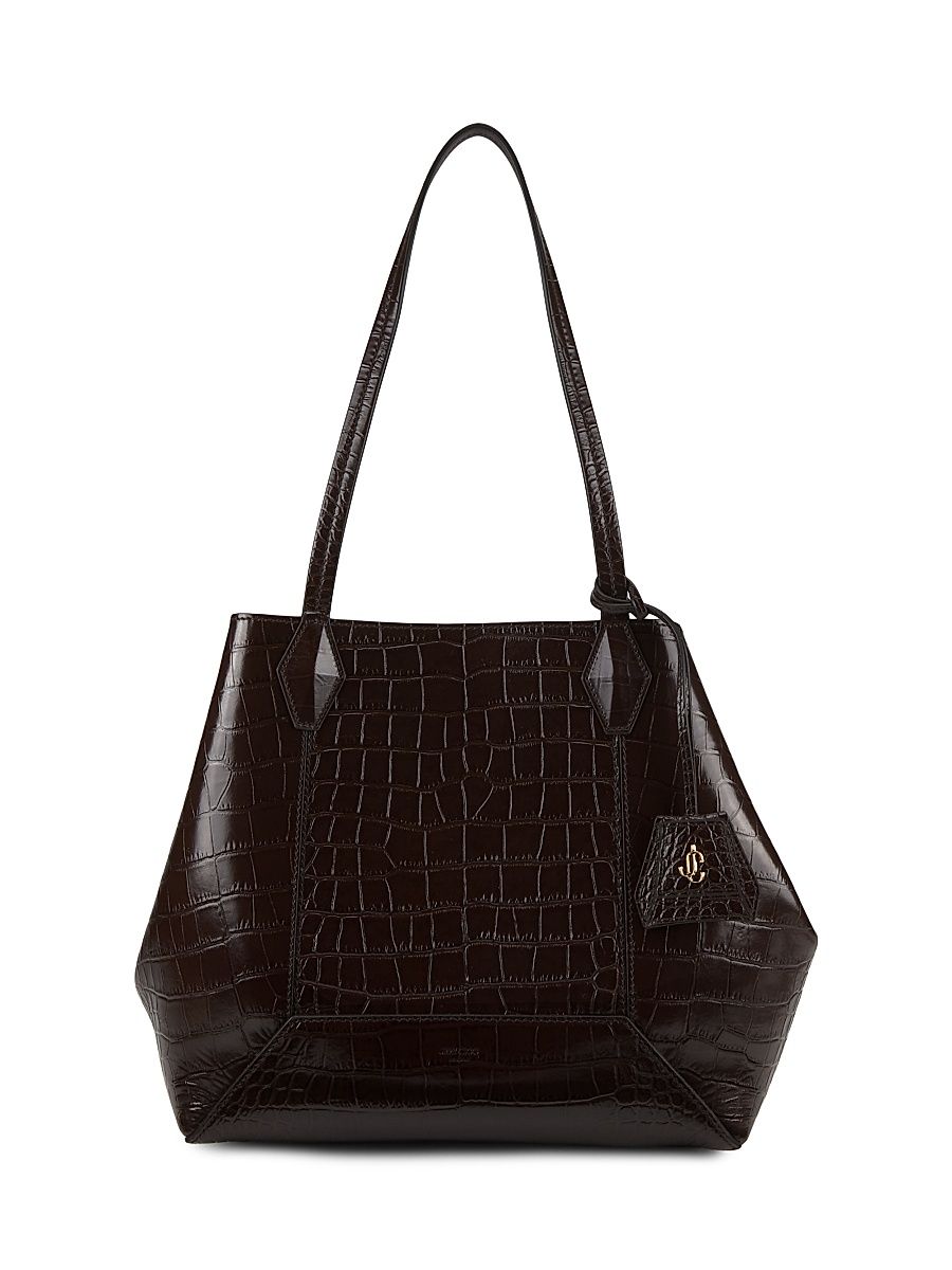 Women's Diamond Croc-Embossed Leather Tote Bag - Chocolate Gold