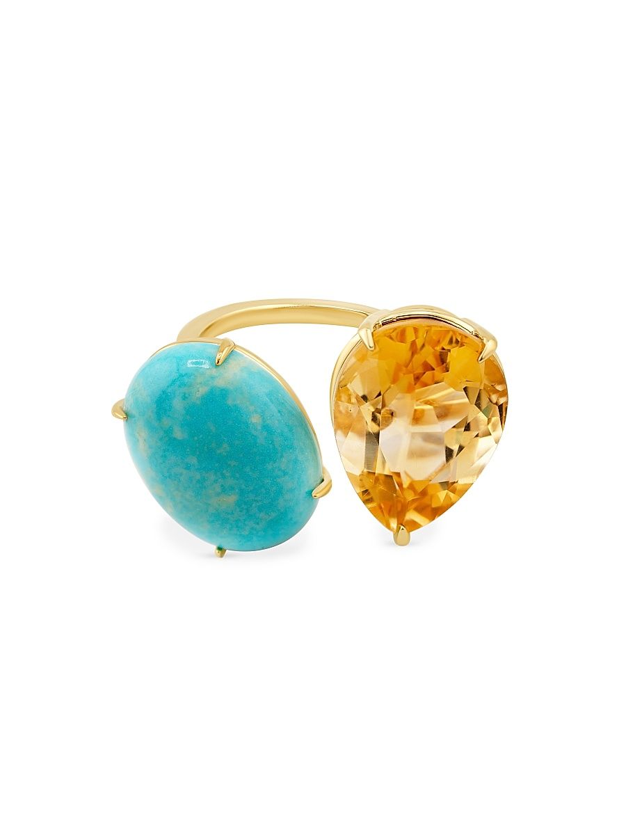 Women's Nevada 14K Yellow Gold, Mona Lisa Turquoise & Citrine Toi Et Moi Ring - Yellow Turquoise - Size 7