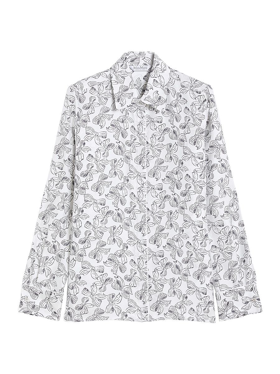 Women's Mannish Printed Silk Shirt - White Black Print - Size 14