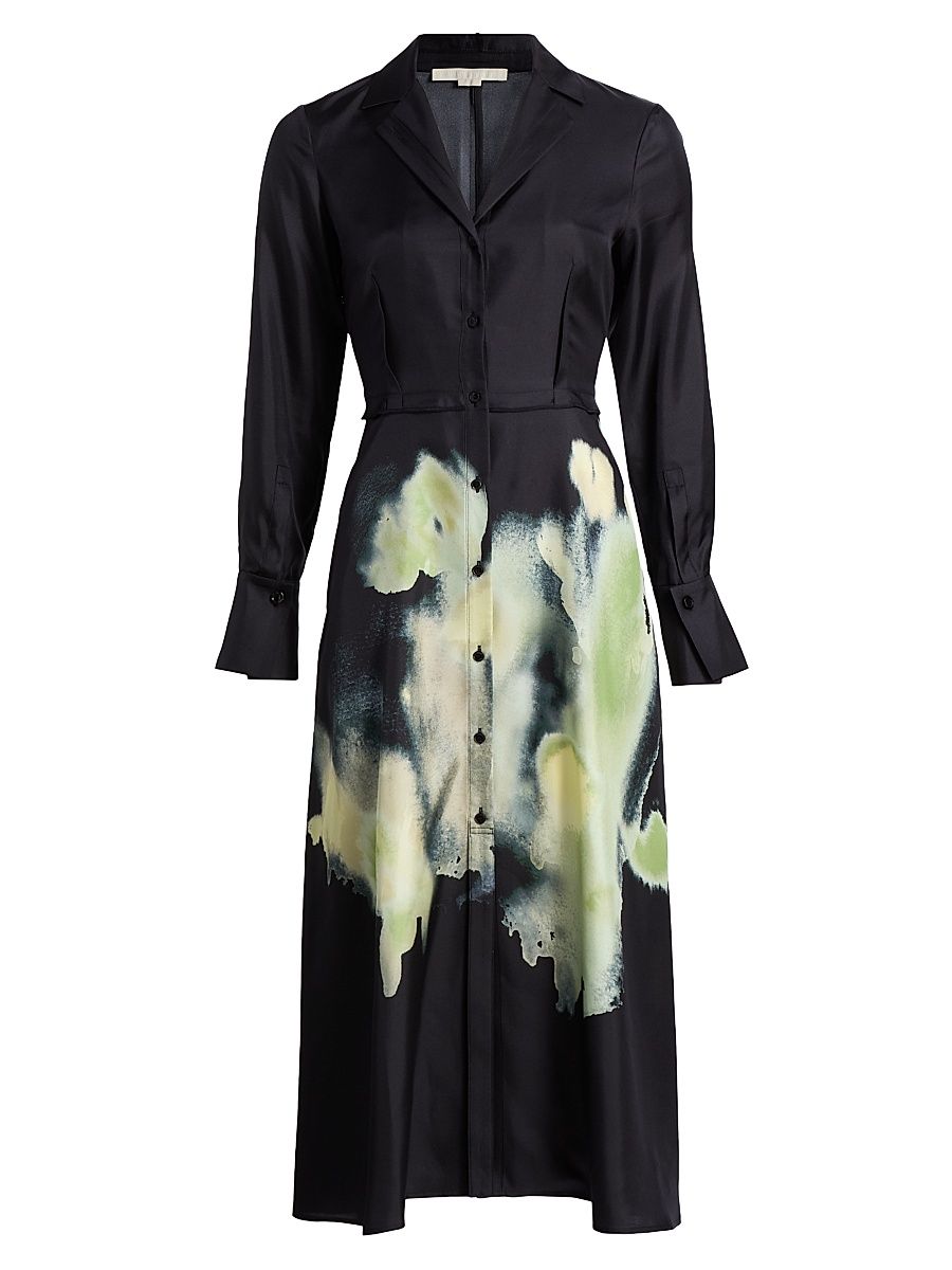 Women's Watercolor Floral Silk Shirtdress - Black Light Jade - Size 14